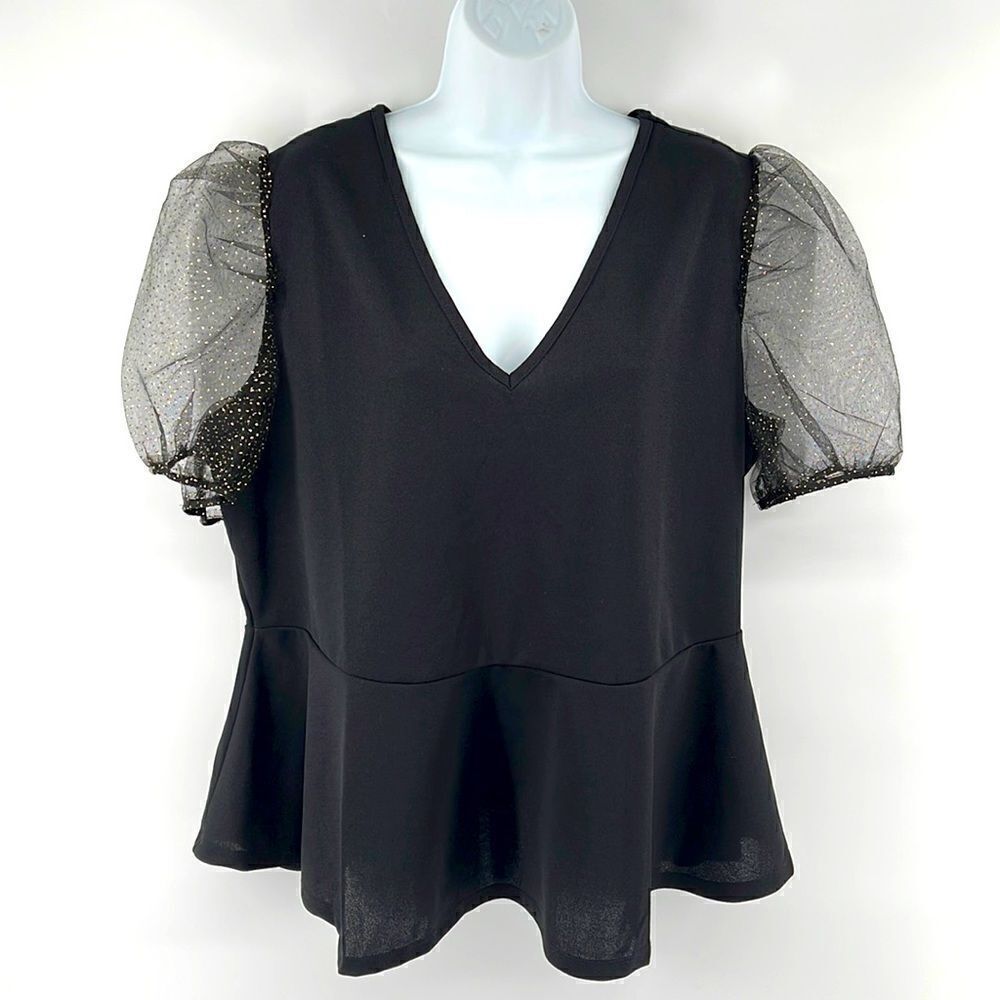 Love X Design black peplum waist puff sleeve glitter polka dot shirt top blouse